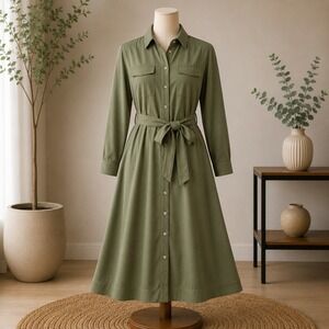 NEW Studio Park Shirt Dress Womens Medium Green Long Sleeve Belted Utility Midi